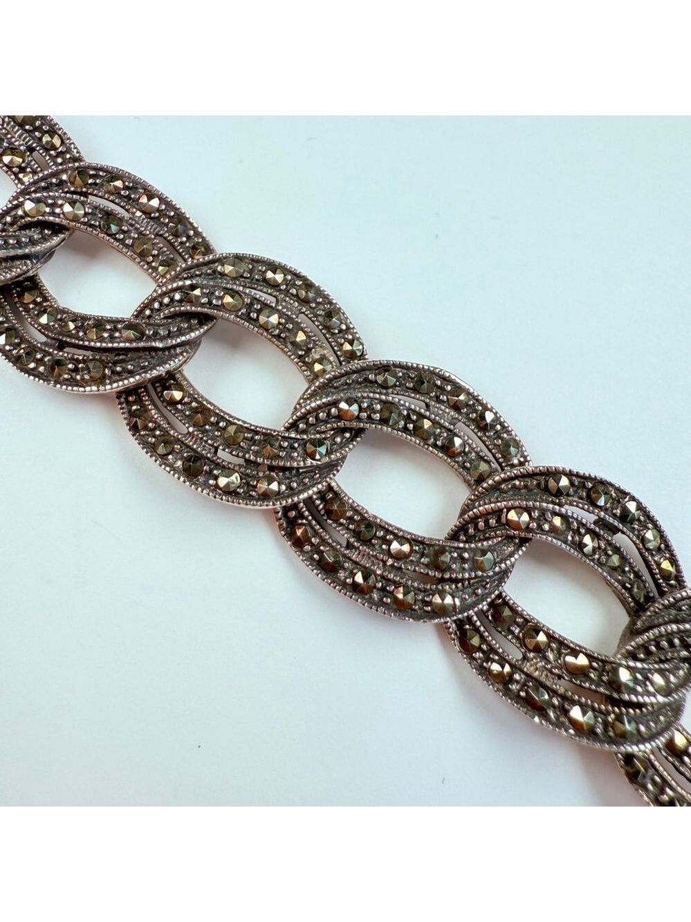 Vintage Large Marcasite 16mm Flat Curb Chain Link Sterling Silver 925 Bracelet - Picture 5 of 10